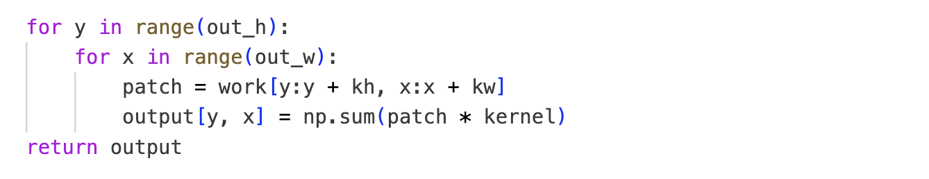 Part 1.1 — 2-for-loops convolution implementation (code snippet)