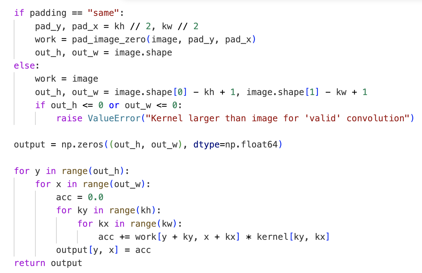 Part 1.1 — 4-for-loops convolution implementation (code snippet)