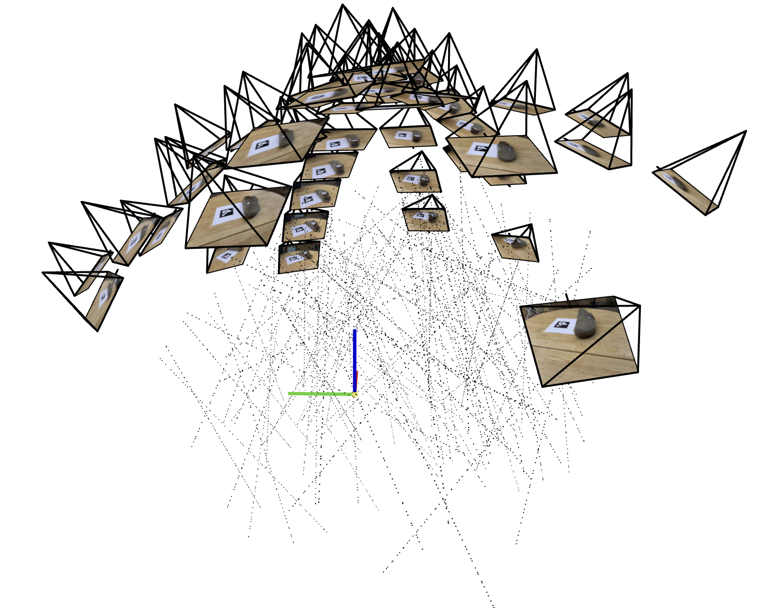 3D visualization of points sampled along rays with origin at ArUco tag corner