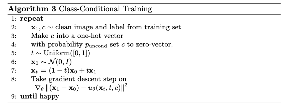 Algorithm for training class-conditioned UNet